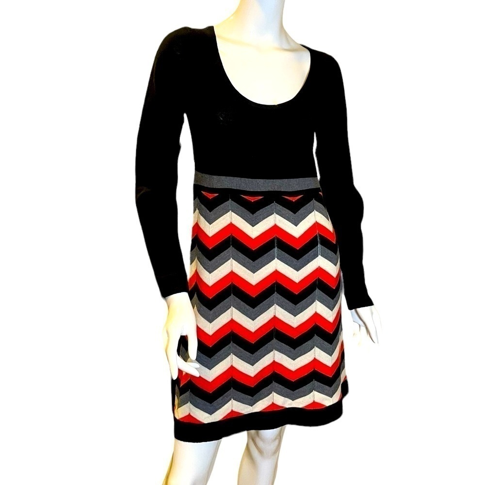 Milly Chevron Zig Zag Merino Wool Dress Black Gray Large